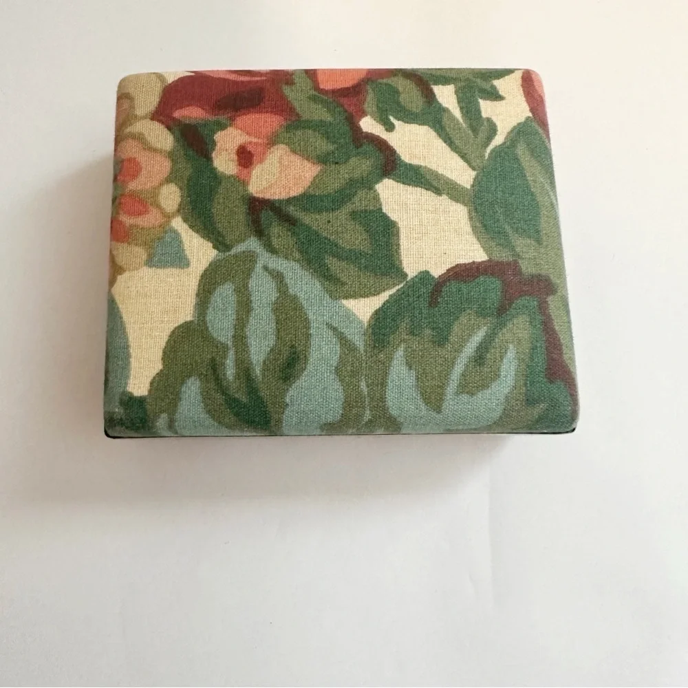 Vintage Floral Fabric Covered Jewelry Box Clam Shell With Mirror